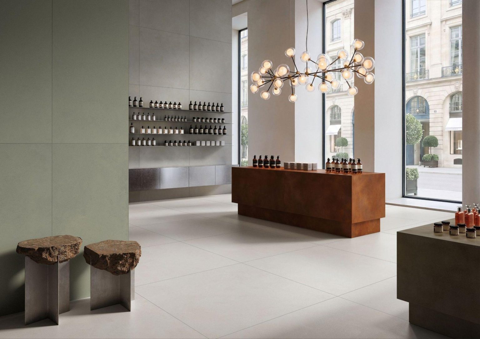 Cracking the Material Code: VitrA Tiles Shows Off The Code and Its New Design Rules at Cersaie VitrA Tiles showroom interior with large-format tiles: Cracking the Material Code: VitrA Tiles Shows Off The Code and Its New Design Rules at Cersaie